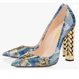 FSJ Blue Marble Pointed-Toe Pumps with Gold Chain Block Heel